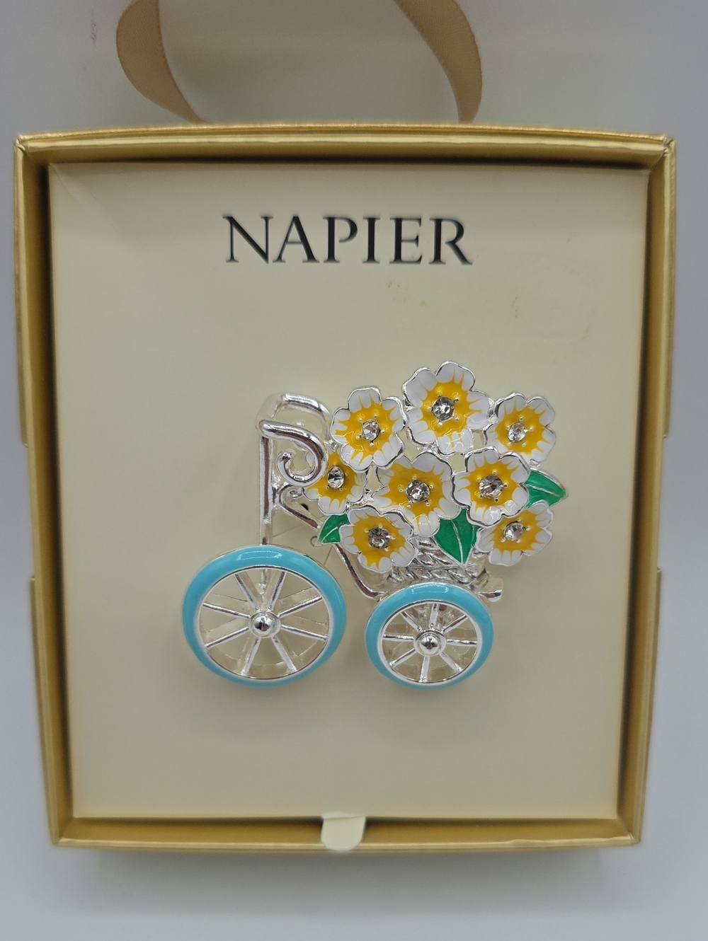 Napier Silver Tone Floral Cart Brooch with Yellow and Turquoise Accents
